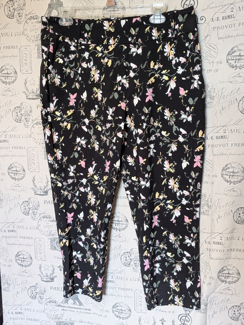 Jules & Leopold Floral Stretch Capri Trousers with Pink & Yellow Blossoms Size L